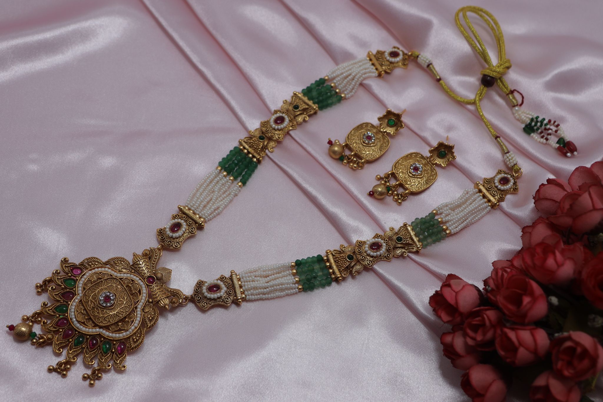 Traditional Gold Plated Pearl & Stone Choker Necklace Set with Earrings