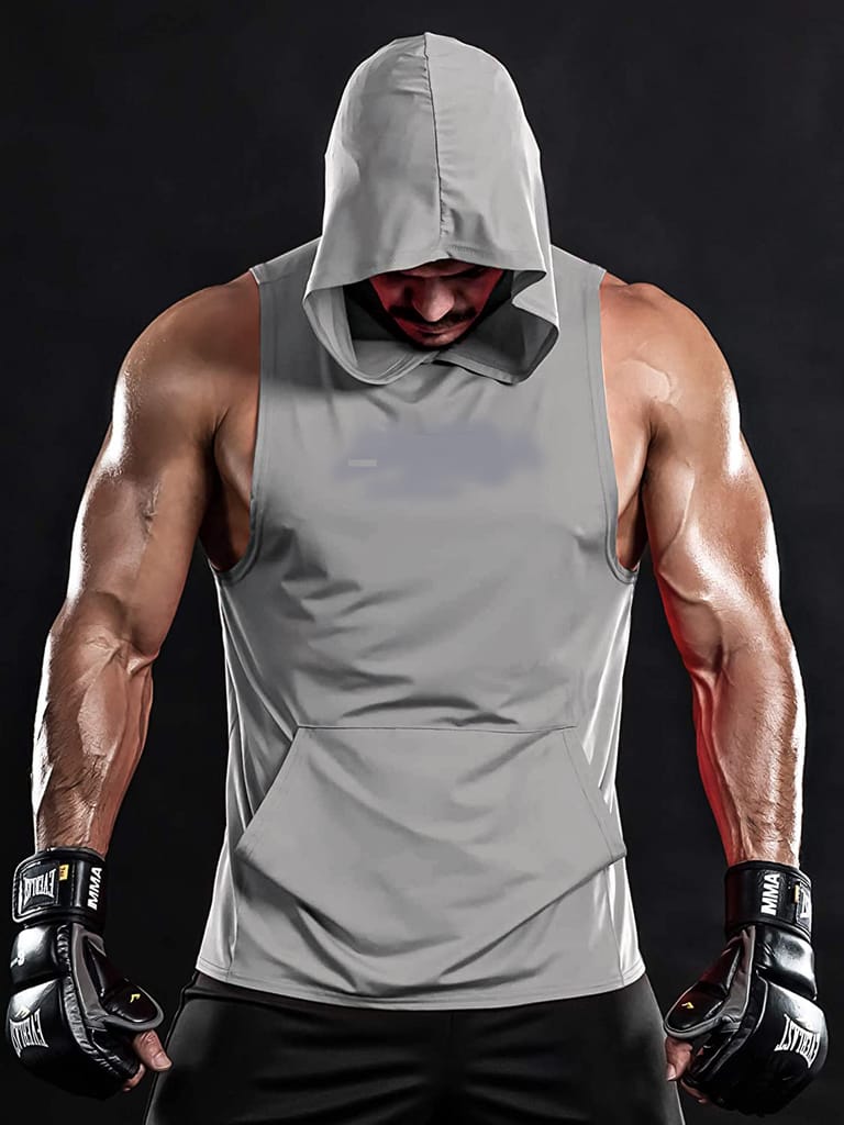 Hot Button Solid Stringer Gym Vest Hoodie for Men with Kangaroo Pocket - Stylish and Functional Workout Apparel view 2