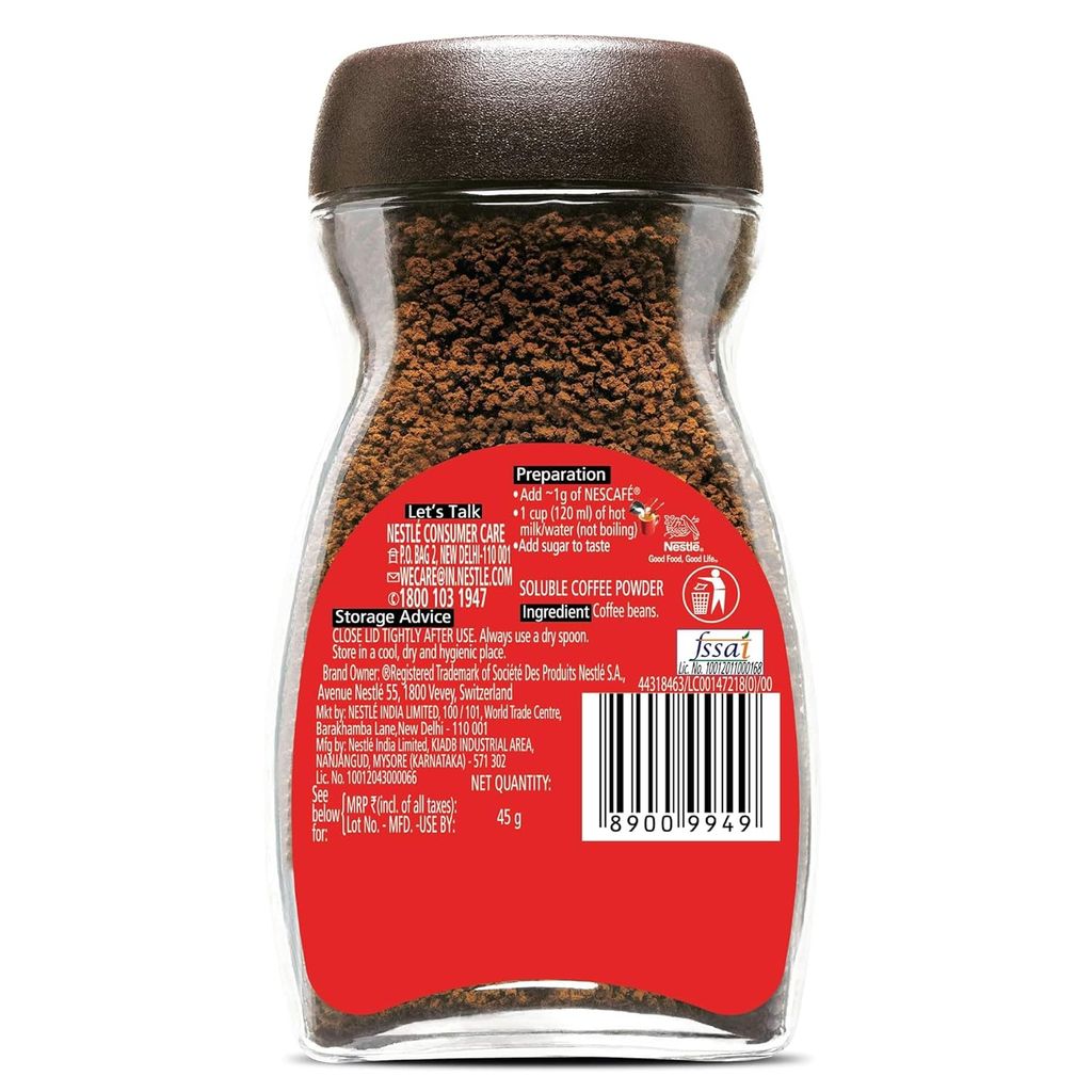 NESCAFE Classic Instant Coffee Powder | Instant Coffee Made with Robusta Beans | Roasted Coffee Beans | 100% Pure Coffee | 45 grams Jar view 2