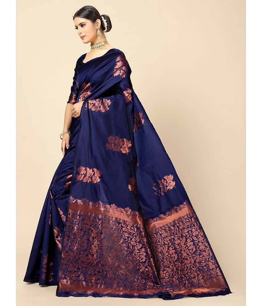 BLEESBURY Banarasi Silk Woven Saree With Unstitched Blouse Piece ( Navy Blue ) view 2