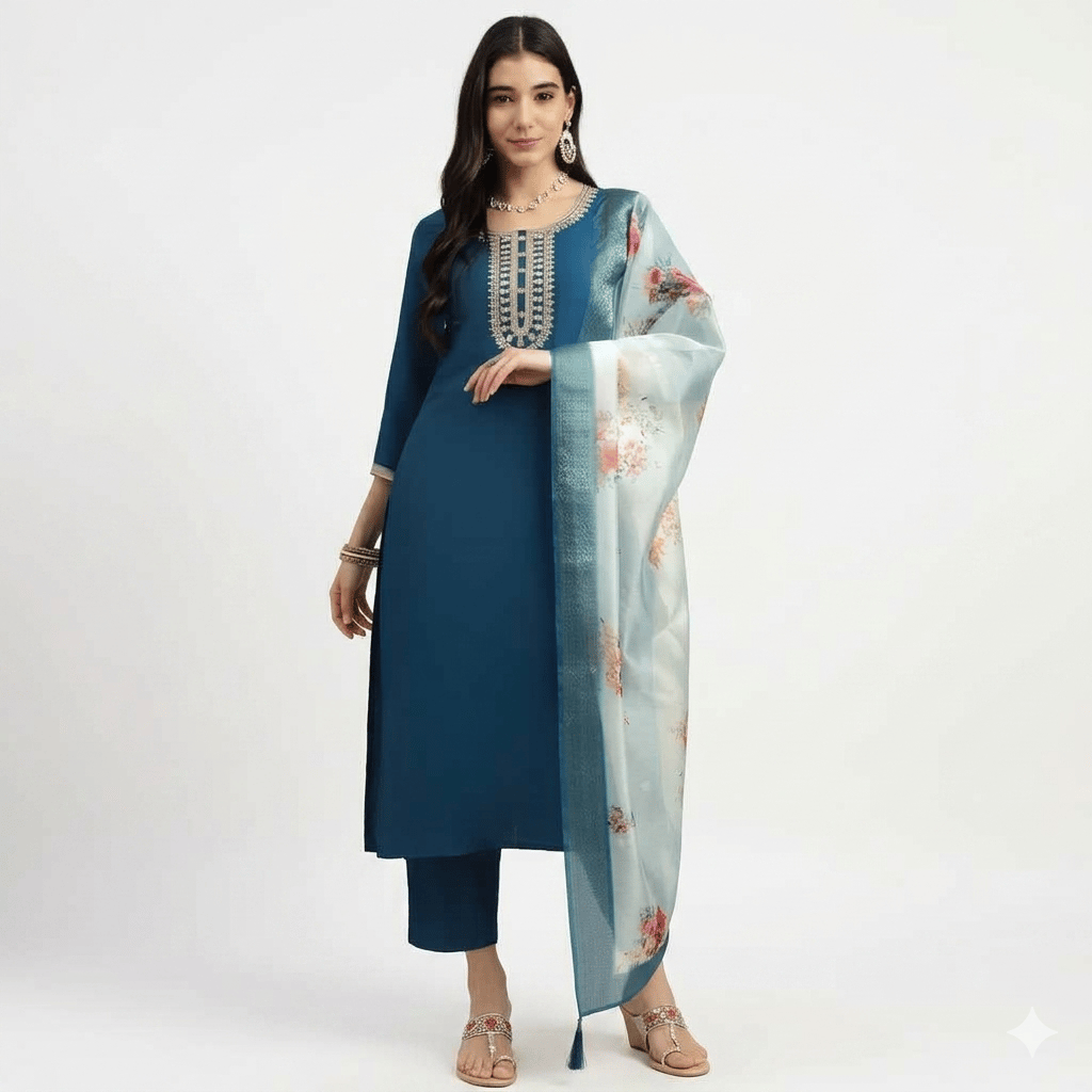 Elegant Teal Blue Embroidered Kurta Pant Set with Chanderi Digital Dupatta for Women