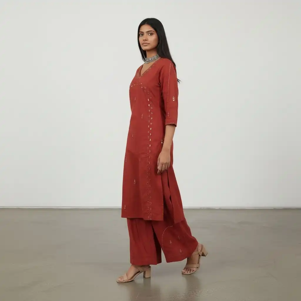 Handloom Cotton Co-Ord Set in Maroon with Mirror Work view 2