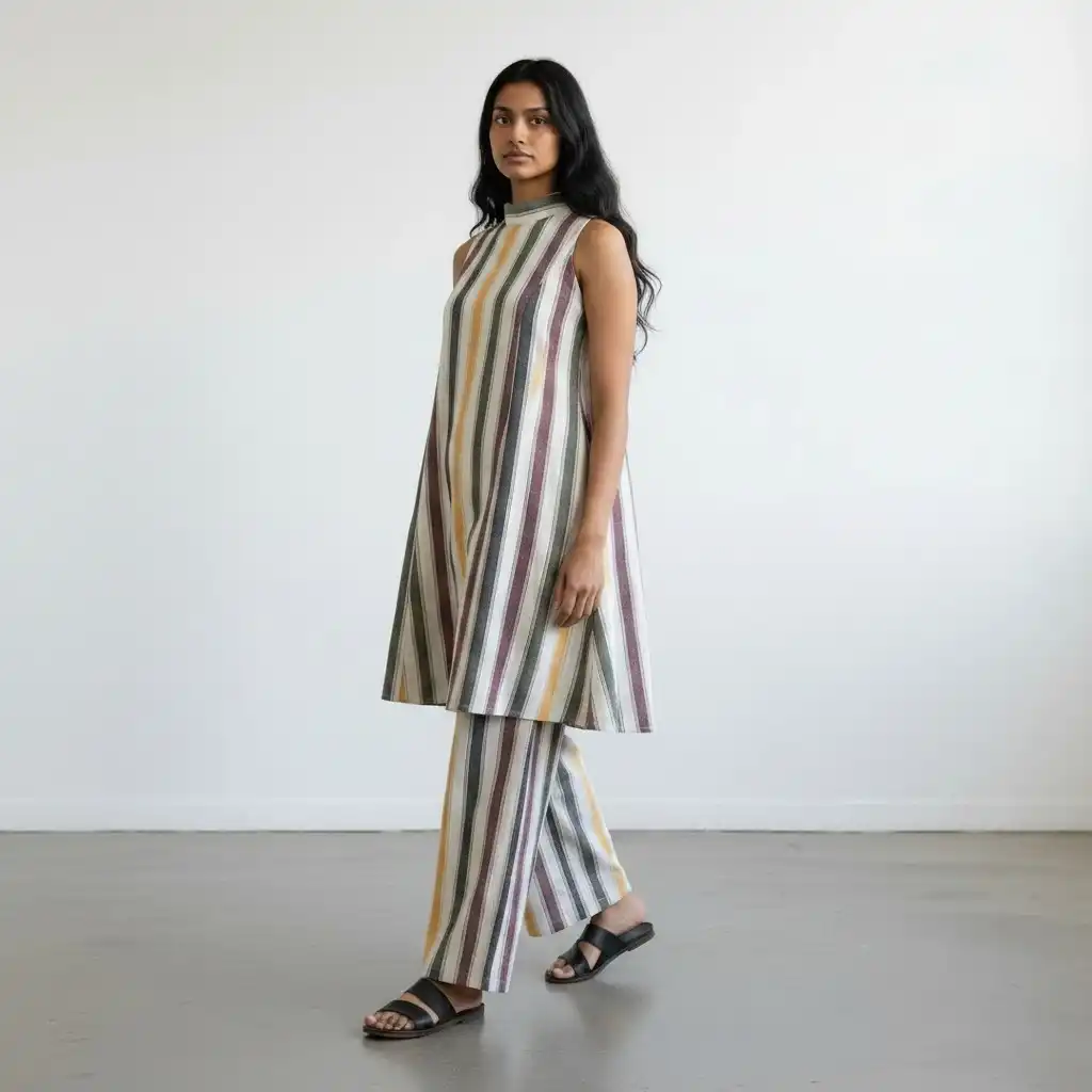 Handloom Cotton Co-Ord Set in Cream with Woven Multicolour Stripes view 2