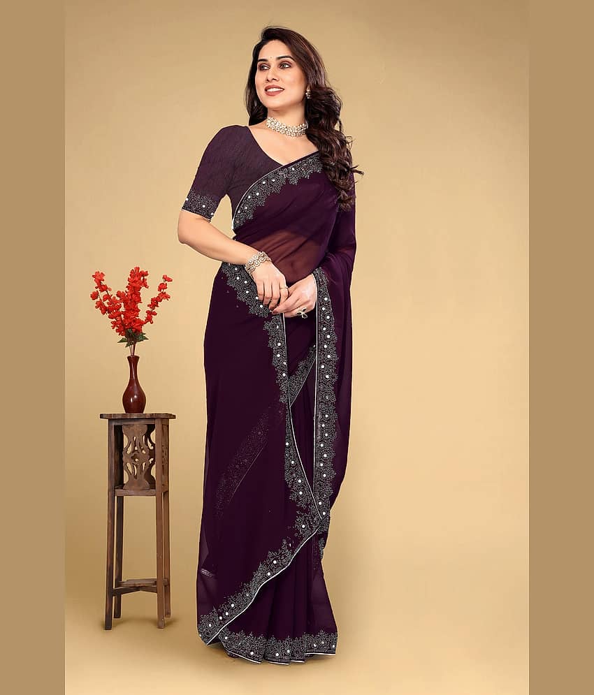 VEERAIVA Georgette Embroidered Saree With Unstitched Blouse Piece ( Lavender ) view 2