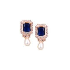 Rose Gold Polish Blu Stone American Diamond Earrings view 2