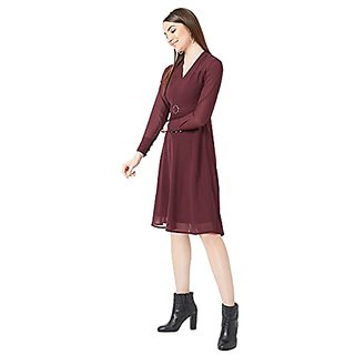 Miss Chase Womens Wine Red V-Neck Full Sleeve Solid Fit &amp; Flare Midi Dress view 2