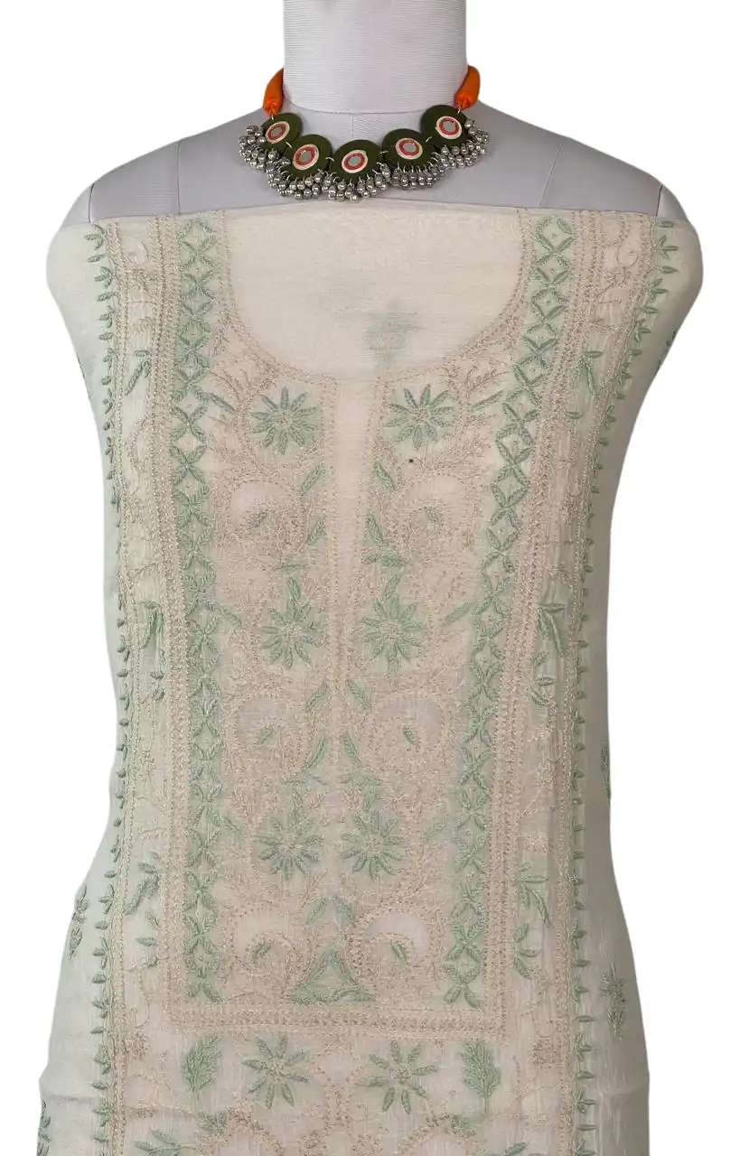Chikankari Mul Chanderi Dress Material Mint Green Floral view 2