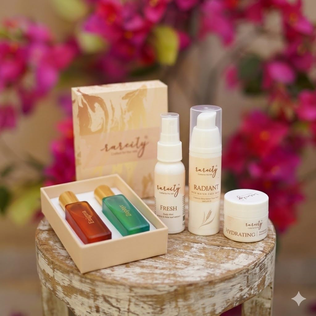 Rareity Self Care & Fragrance Gift Combo | Fresh Body Mist, Radiant Rice Water Face Wash, Hydrating Face Cream & Enigma + Zephyr Roll On Perfume Duo | Travel Friendly Beauty & Fragrance Kit | Pack of 5