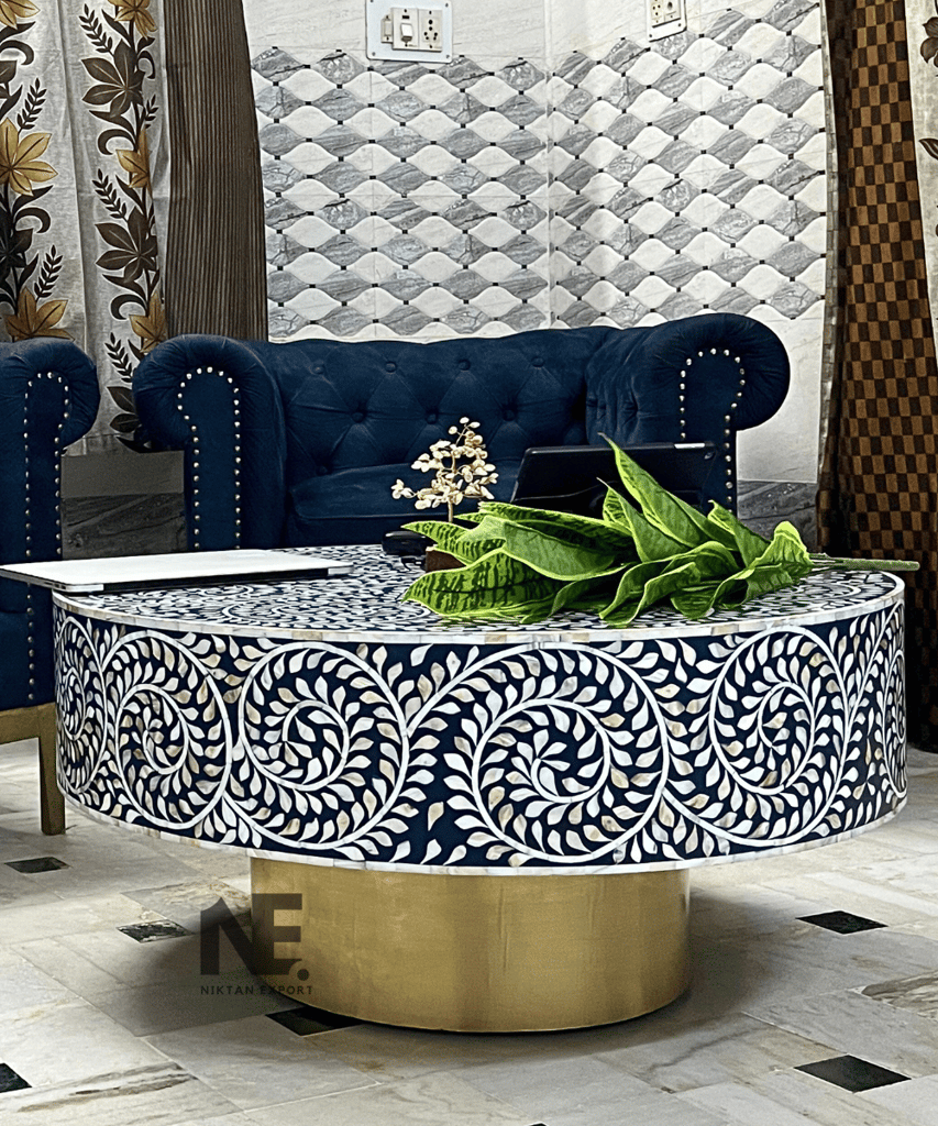 Oceanic Bliss Mother of Pearl Coffee Table – Handcrafted Round Inlay Center Table by Niktan (90x90x45 cm) view 2