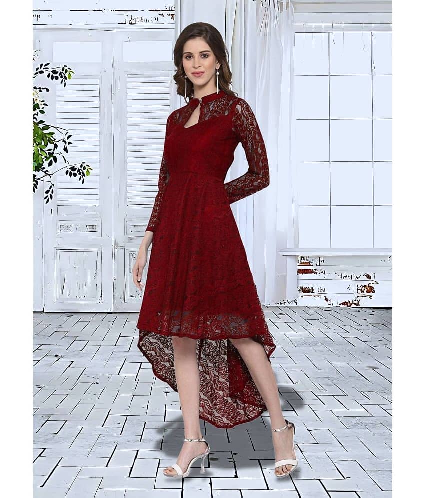 Hemang Fashion Women Net Self Design Asymmetric Dress ( Maroon ) view 2