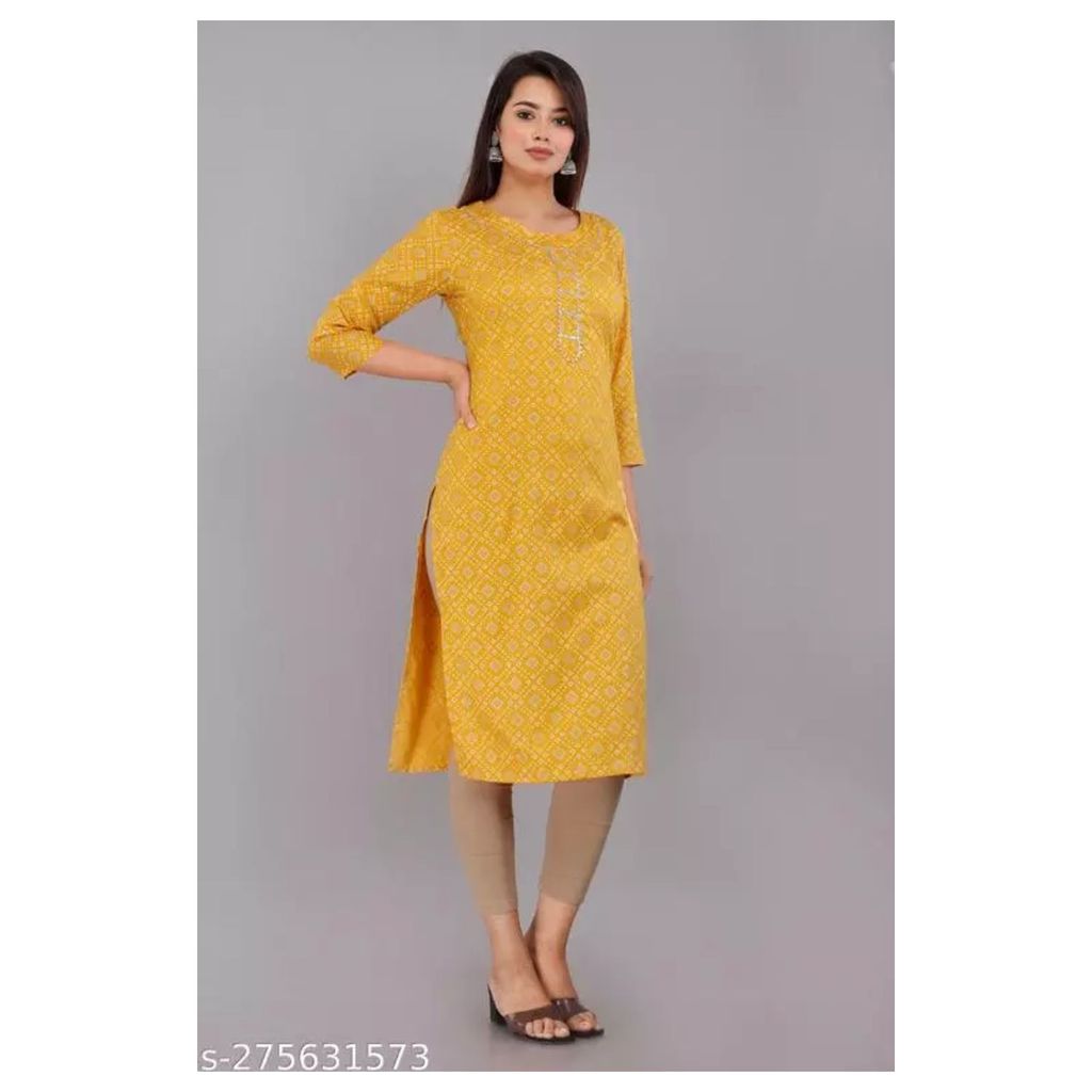 kurti for woman" Straight Printed Cotton Rayon Single Kurti Kurta. ( Yellow ) view 2