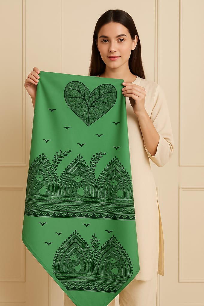 Handcrafted Madhubani Art Silk Stole – Green view 2