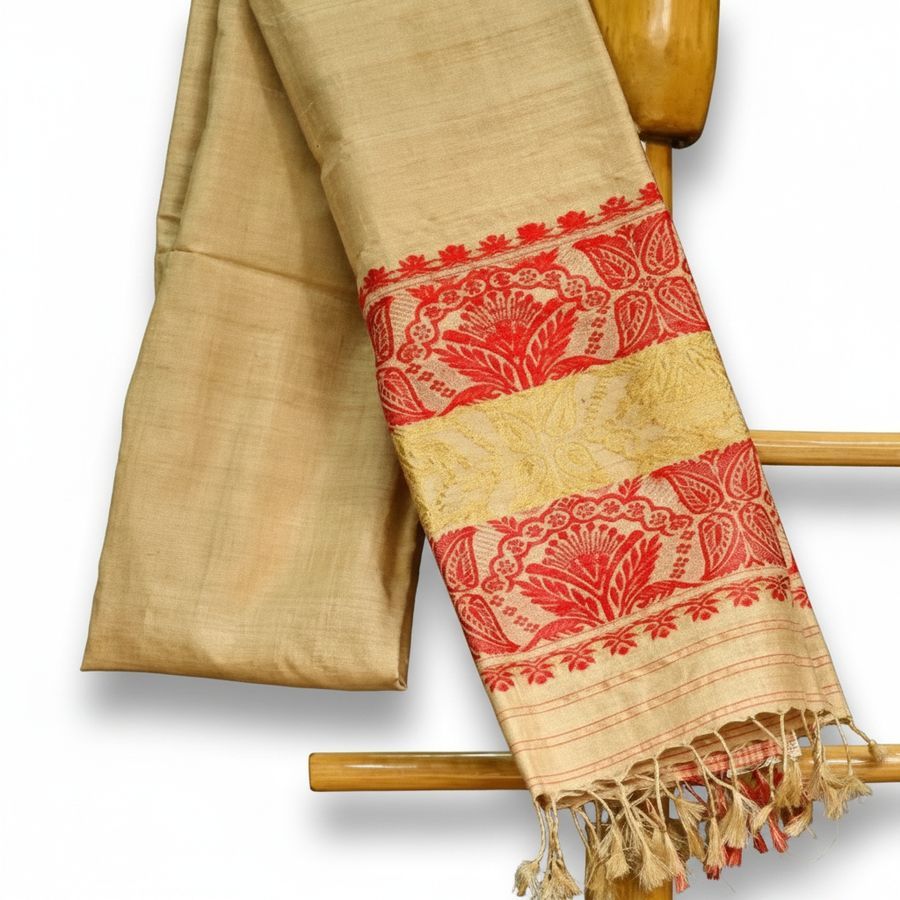 Assamese Muga Silk Saree with Red Border view 2