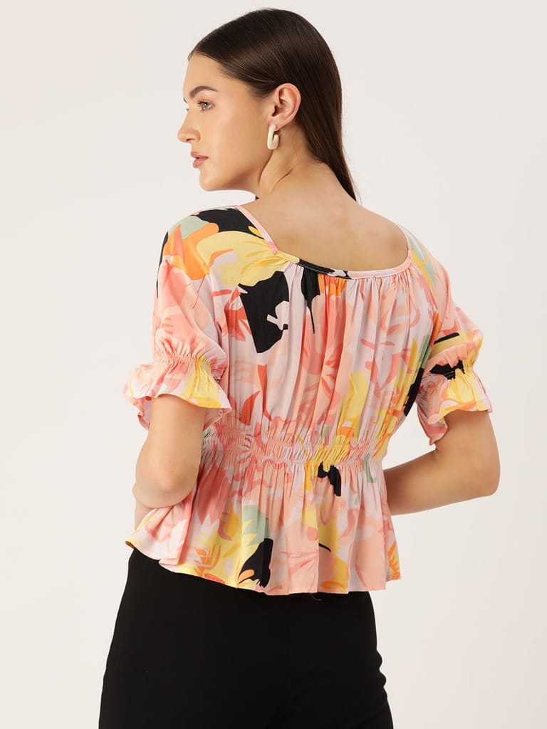 Floral Print Puff Sleeves Peplum Top view 2