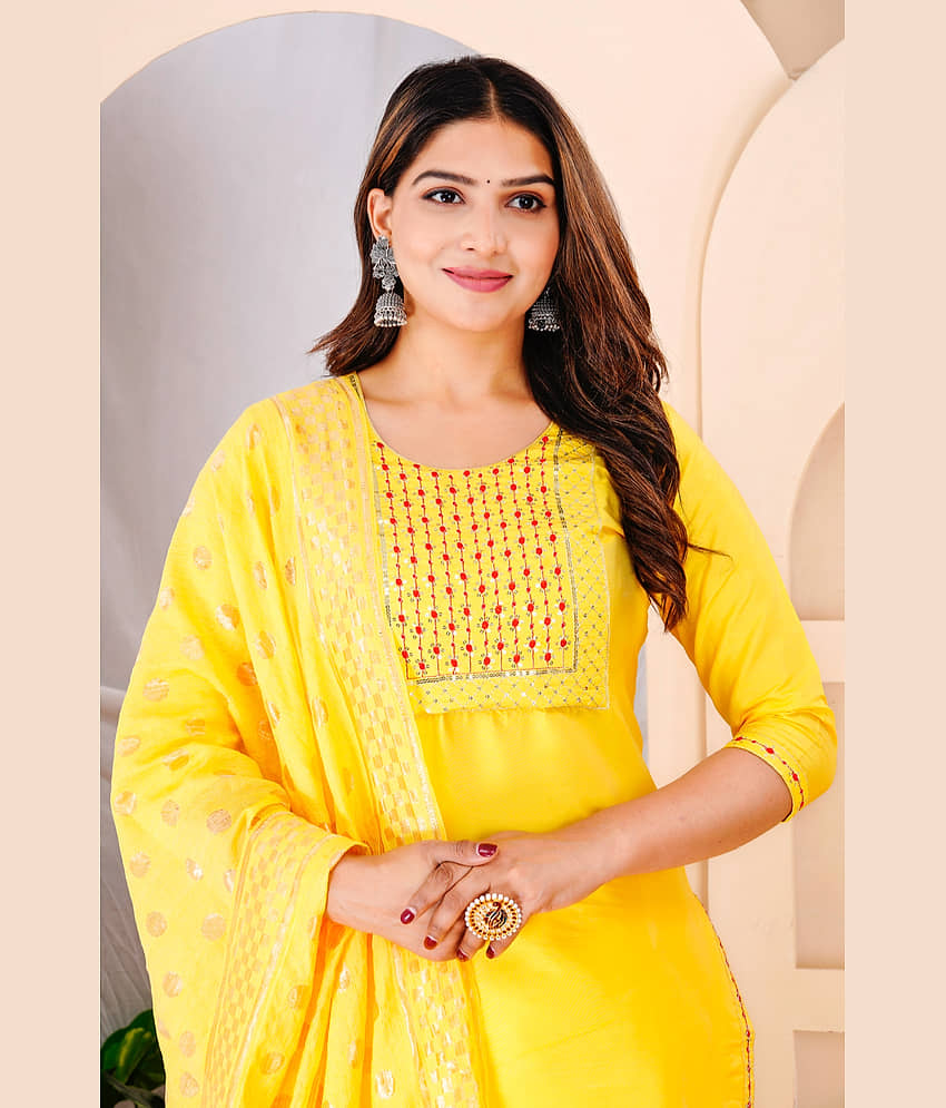 EXPORTHOUSE Silk Embellished Kurti With Pants Women's Stitched Salwar Suit - Yellow ( Pack of 1 ) view 2