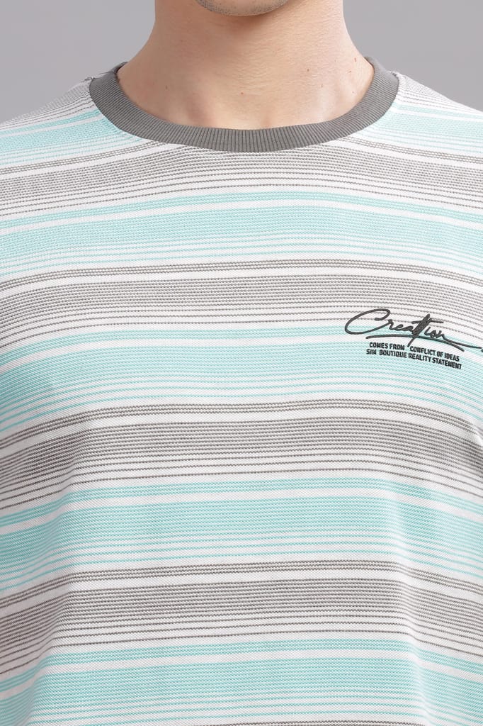 Men Striped Round Neck Polyester Blue T-Shirt view 2