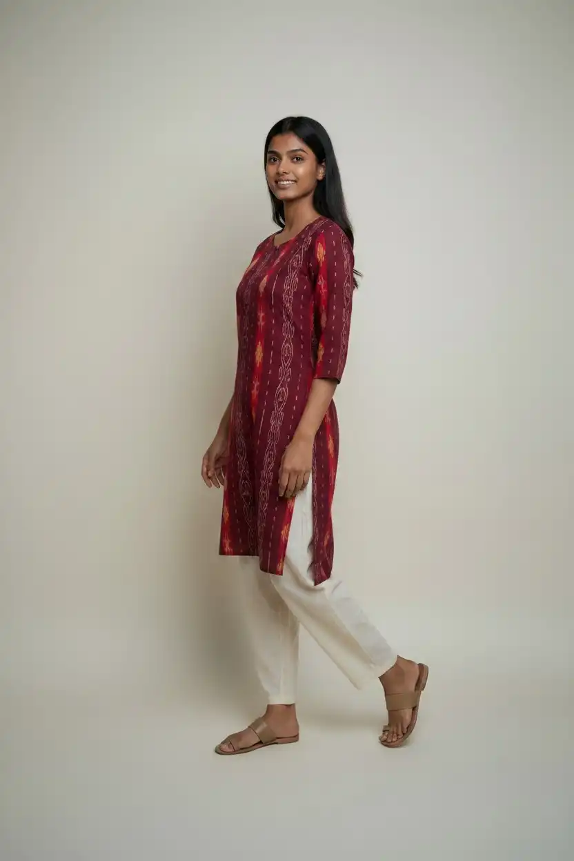 Sambalpuri Ikat Crimson Red Cotton Kurti view 2