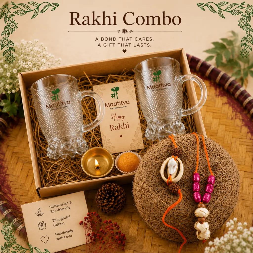 Maatitva Raksha Bandhan Glass Mug Gift Set | 2 Designer Rakhis, 2 Premium Glass Mugs, Handmade Rakhi Hamper for Bhaiya-Bhabhi, Brother-Sister, Didi-Jijaji | Rakhi Gift Box view 2