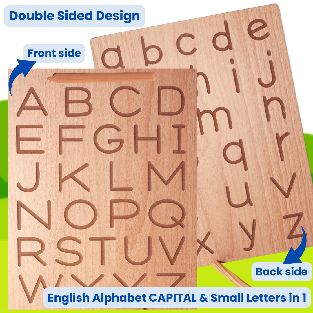 TOYJOS Wooden Counting Roman Numbers + Alphabet Tracing Board with Stylus Pen | Kids Educational Double-Sided Practice Board Toys, Reversible Montessori Learning Writing Slate for Boys, Girls (Age 2+) view 2