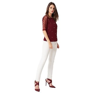 Miss Chase Women's Maroon Round Neck Half Sleeves Cotton Solid Lace And Pearl Detailing Top view 2