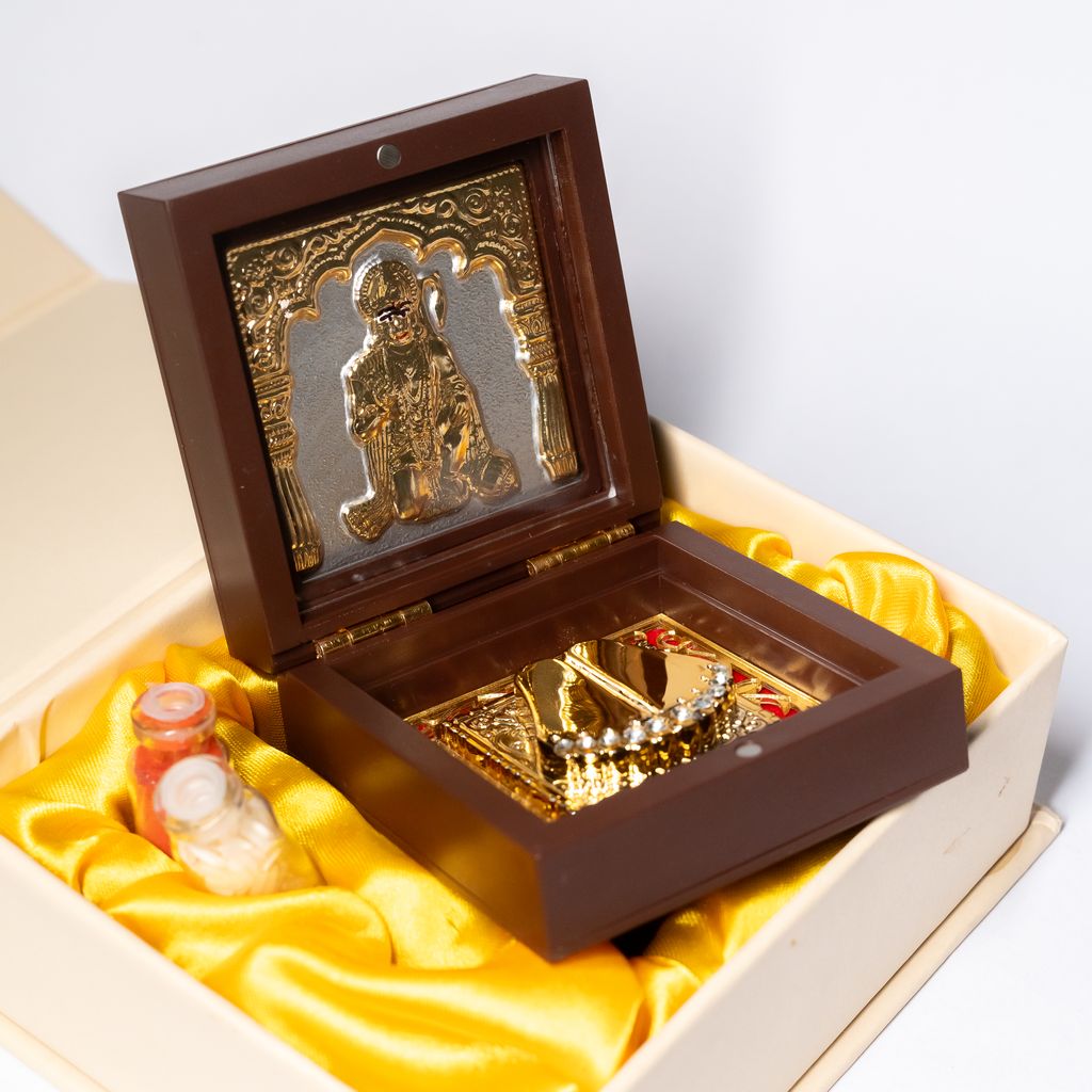 Shrifal Hanuman Ji Golden Charan Paduka Foldable Mandir 3x3 Inch | Mini Puja Mandir for Home & Office | Spiritual Gift