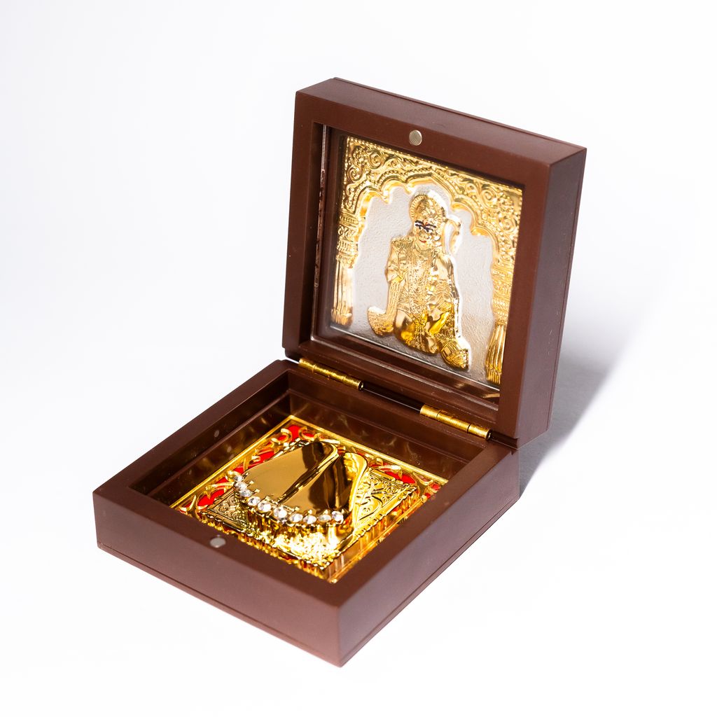 Shrifal Hanuman Ji Golden Charan Paduka Foldable Mandir 3x3 Inch | Mini Puja Mandir for Home & Office | Spiritual Gift view 2