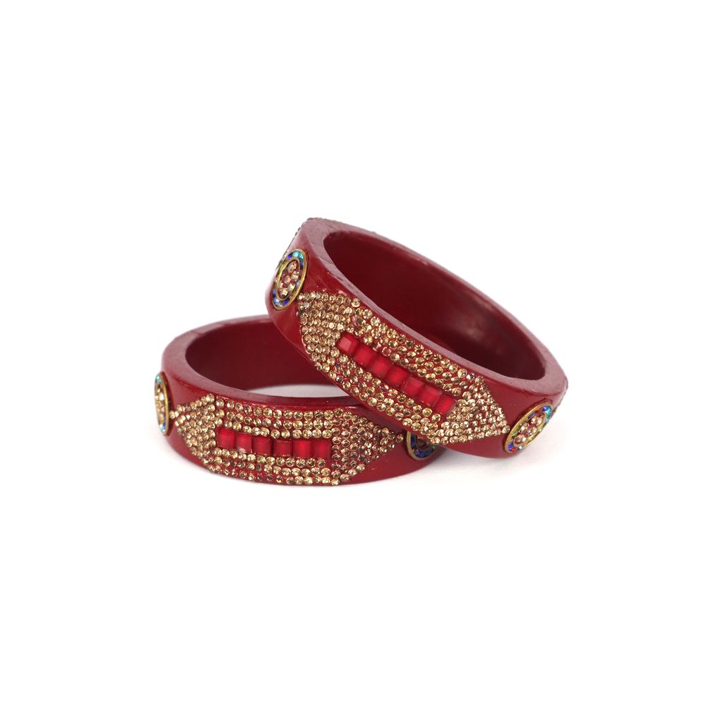 FHS Crystal Work Rajasthani Lac Bangles - Meroon (piece 2) view 2
