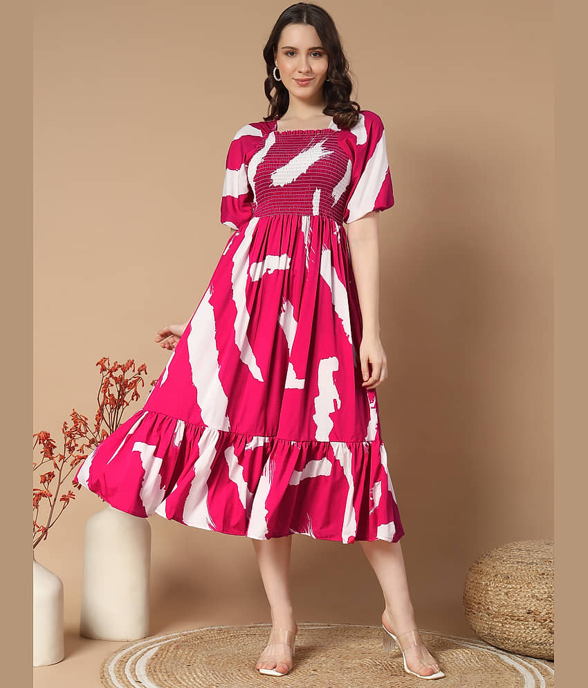 OTABU Women Polyester Printed Fit & Flare Dress ( Coffee )
