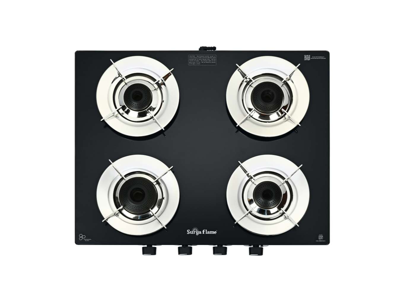 Surya Flame Green 4 Burner Gas Stove, BEE 4-Star Certified, 74% Thermal Efficiency, 1 Jumbo + 3 Tri-Pin Brass Burners, Manual Ignition - Black view 2
