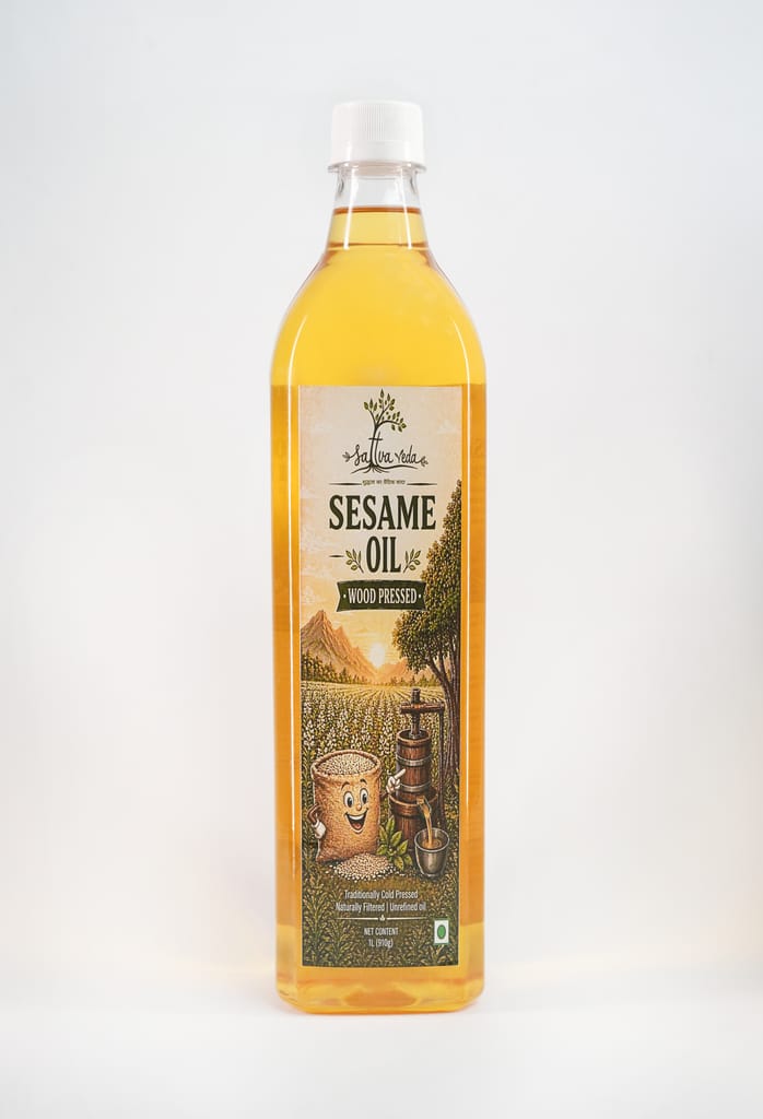 Sattva Veda Farms Wood Cold Pressed Sesame Oil (Gingelly Oil) - 1Litre | PET Bottle | Kacchi Ghani | 0 trans fat & Chemical free| Goodness of Omega 6 & Authentic Seed Flavour| Helps Lower Cholesterol