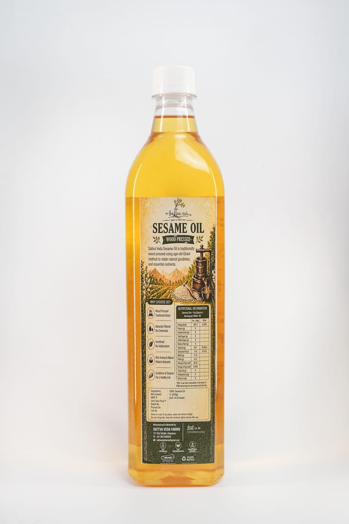 Sattva Veda Farms Wood Cold Pressed Sesame Oil (Gingelly Oil) - 1Litre | PET Bottle | Kacchi Ghani | 0 trans fat & Chemical free| Goodness of Omega 6 & Authentic Seed Flavour| Helps Lower Cholesterol view 2