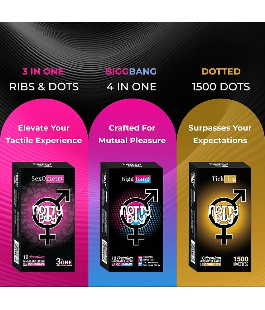 NottyBoy Assorted Pack 4 IN 1 & 3 IN 1, Ribbed, 1500 Dots, Contour, Long Time, Ultra Thin, Extra Lubricated Condoms For Men - 60 Units view 2