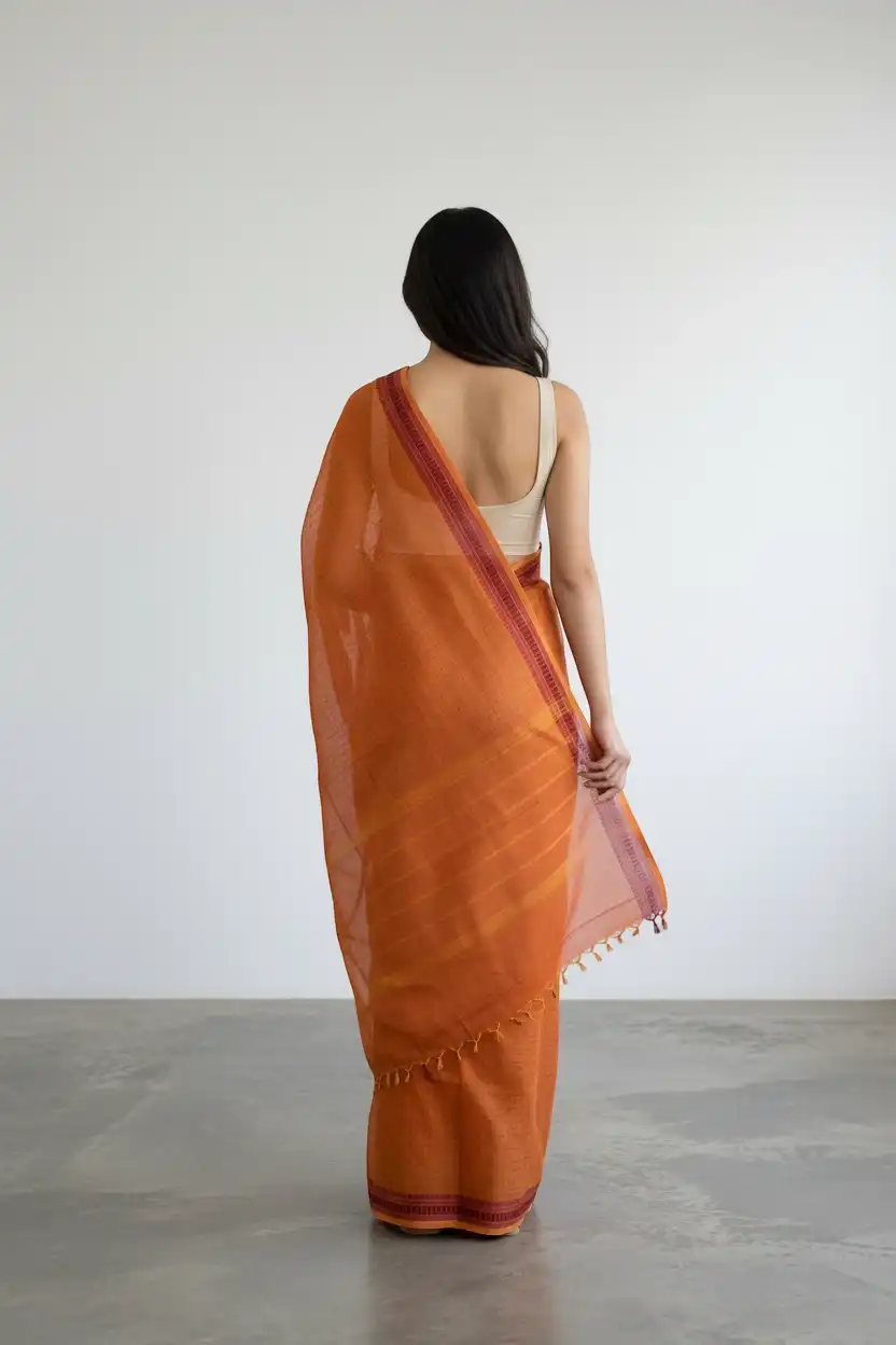 Handloom Kanchipuram Cotton-Silk Saree in Rich Orange, Woven Border view 2