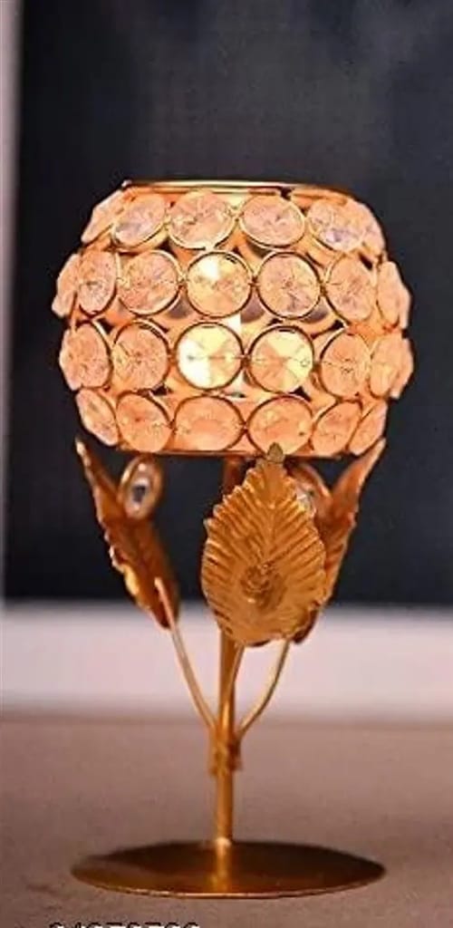 Gold Plated Metal with Crtstal Flower Tealight Candle Holder view 2