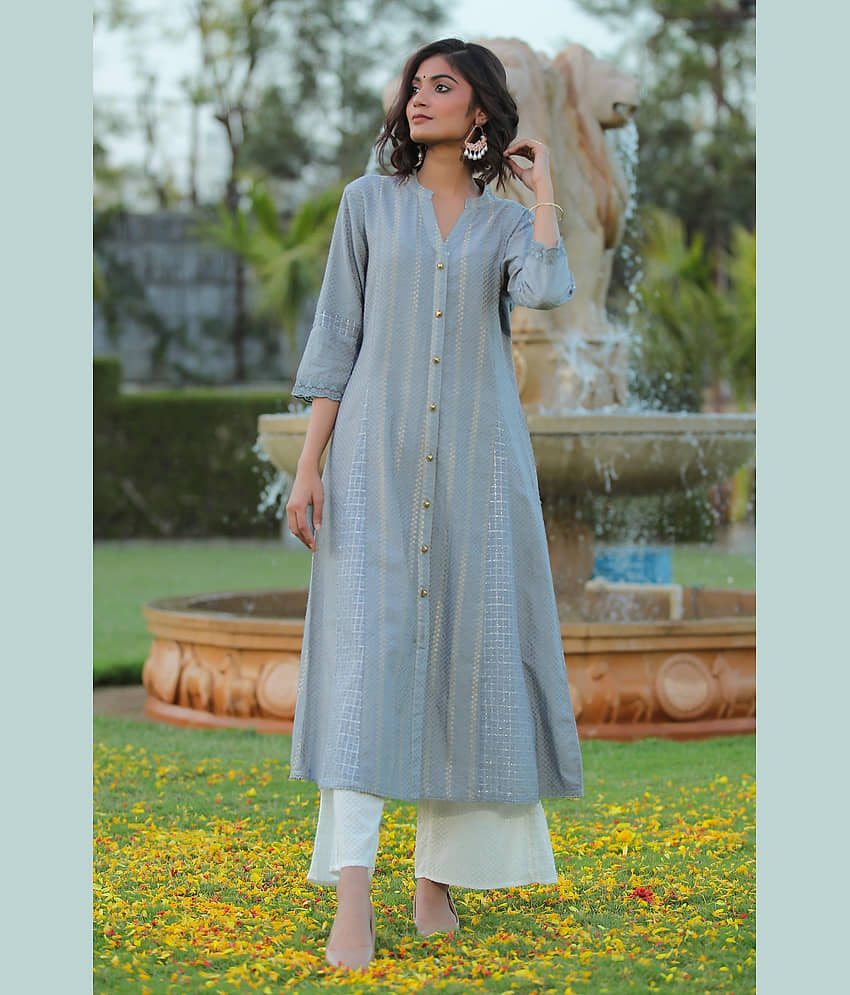 Juniper Pack of 1 Cotton Blend Self Design A-line Women's Kurti - ( Light Grey ) view 2