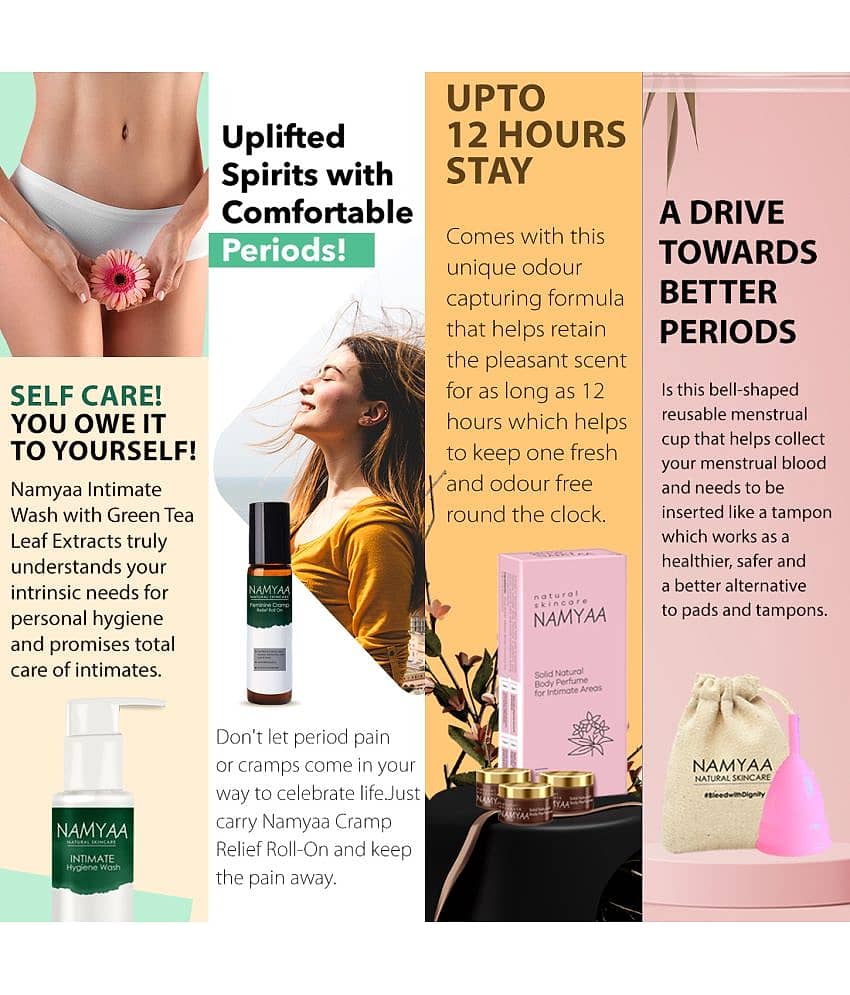 Namyaa Period Care Kit- Feminine Cramp Roll on, Intimate wash, Solid Body Perfumes, Menstrual (Medium) Cup view 2