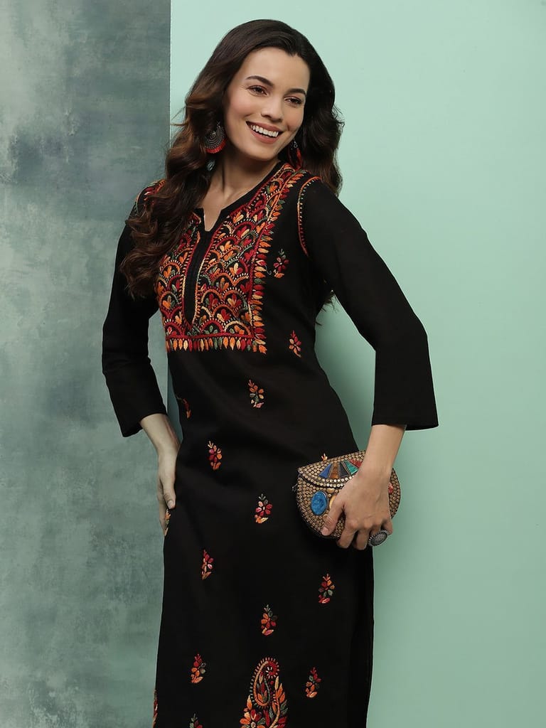 Cotton Chikankari Solid Women's Long Kurta - Black view 2