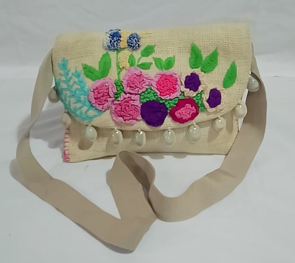 Hand Embroidered Floral Jute Sling Bag with Pearl Hangings