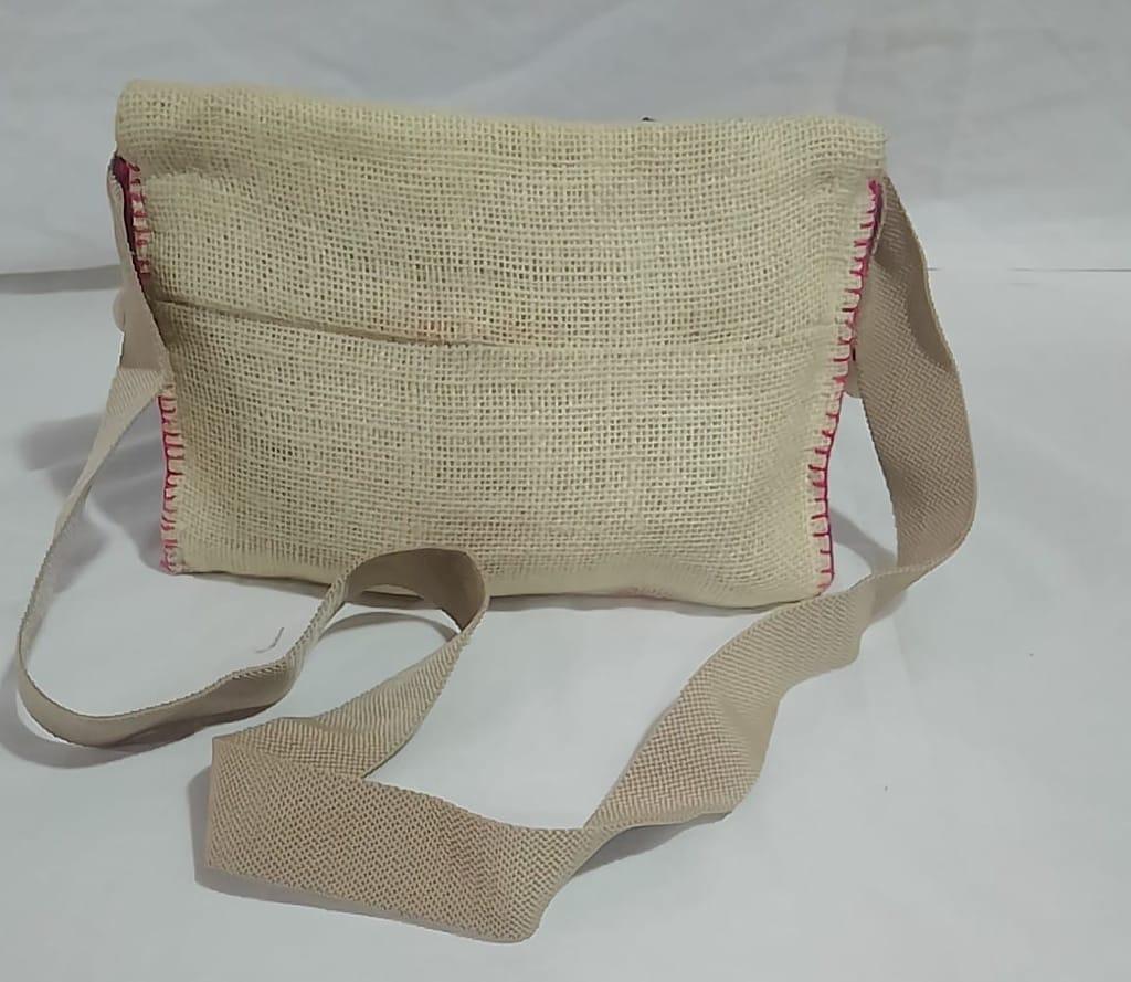 Hand Embroidered Floral Jute Sling Bag with Pearl Hangings view 2