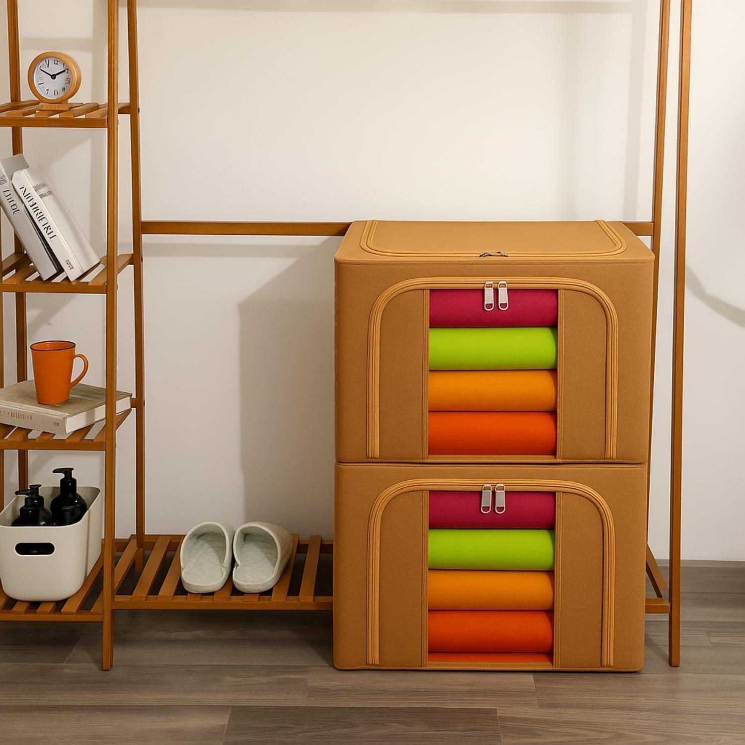 Panchhi Store Wardrobe Organizer for Storage 66 Liter Storage Box and Organiser for Clothes Oxford Fabric Steel Frame Almirah Organizer with Zipper & Clear Window with Handle Desert Color view 2