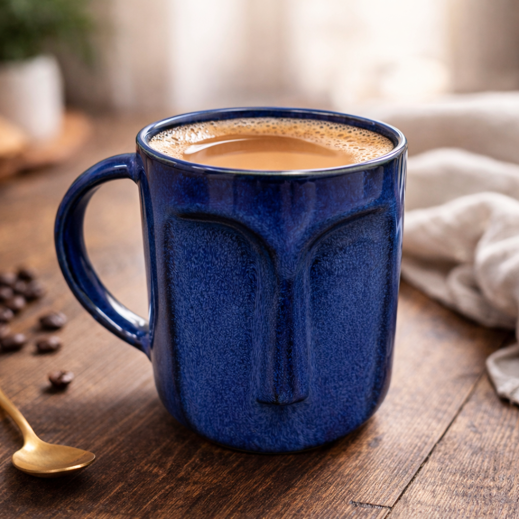 Blue Stone Face Ceramic Coffee Mug | Sculpted Stoneware Mug with Handle | Set of 1 view 2