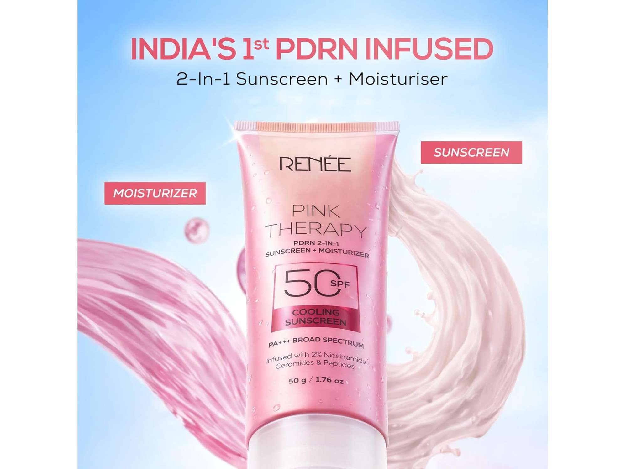 RENEE Pink Therapy PDRN 2-in-1 Sunscreen + Moisturizer SPF 50 PA+++ | In-Vivo Tested, with Niacinamide, Broad Spectrum UVA & UVB Protection - 50g view 2