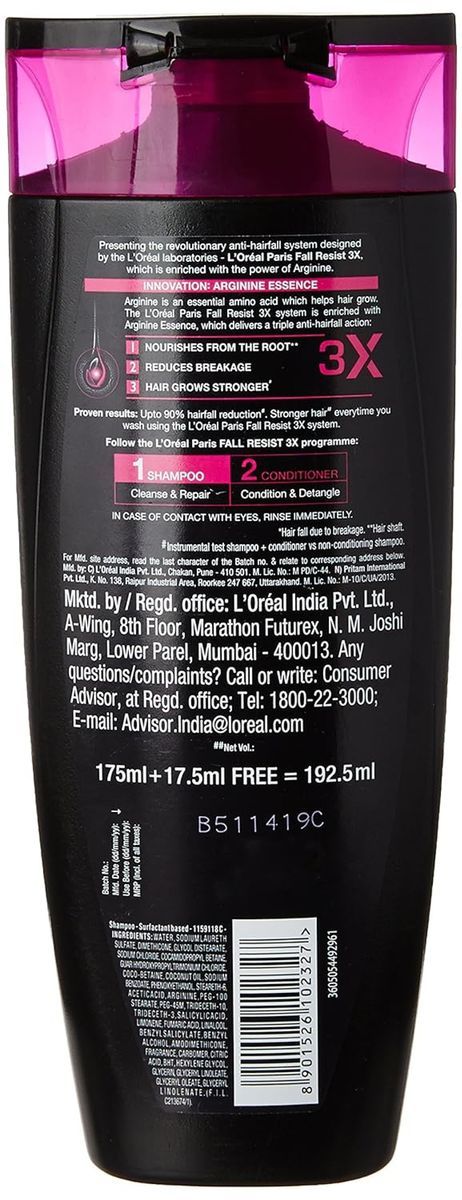 L'Oreal Paris Fall Resist Anti-Hair Fall Shampoo 3X, 192.5 Ml (175Ml + 17.5Ml) view 2