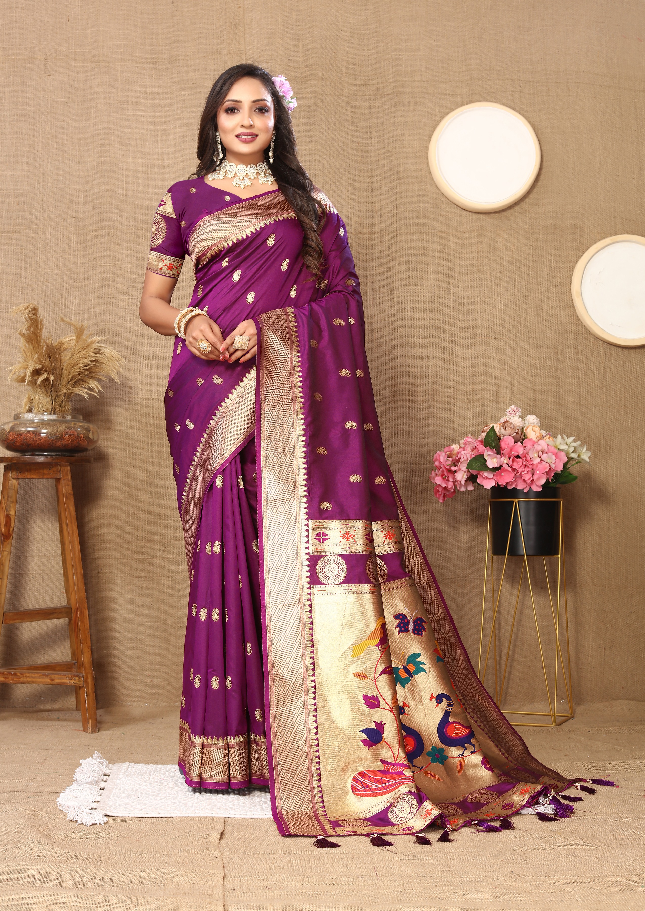Soft Paithani silk saree with zari weawing desi... view 2
