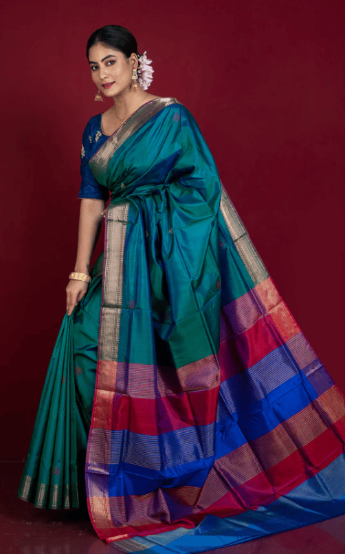 Green Silk Saree with Zari Border view 2