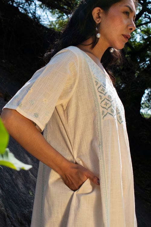 Avani Chikankari Off White Pure Cotton V Neck Dress view 2