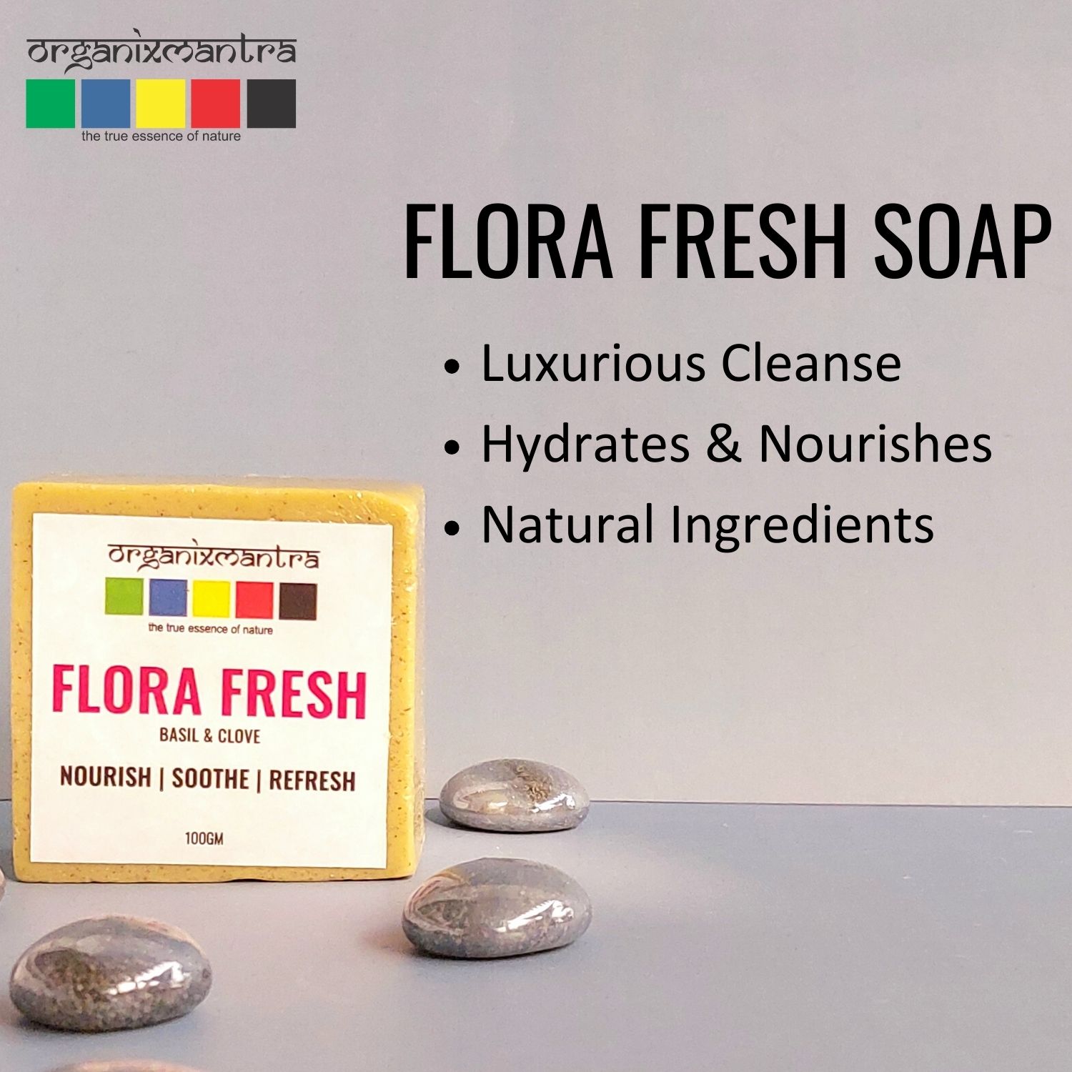 Organix Mantra Flora Fresh Natural Bath Soap Infused With Basil & Clove|Hydrating Coconut, Nourishing Almond & Jojoba Oils, Gentle Goat Milk| Gentle Cleansing for All Skin Types| For Radiant Skin - 100g view 2