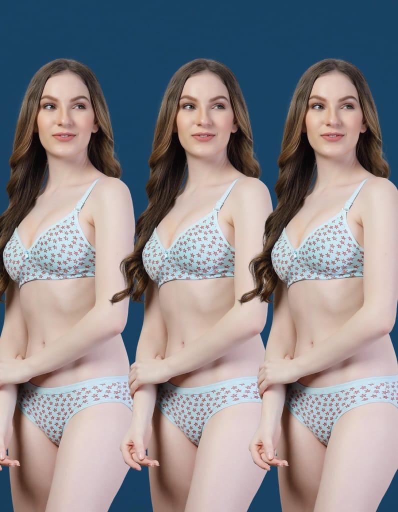 Ladies Bra Panty Set | Pack of 3 Padded Cotton Lingerie with Star Print | Stylish & Comfortable Innerwear for Daily Wear view 2