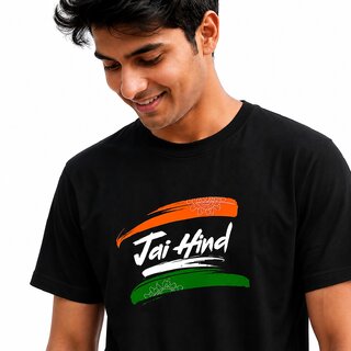Black and White Jai Hind Printed Pure Cotton Round Neck Printed T-Shirt For Men