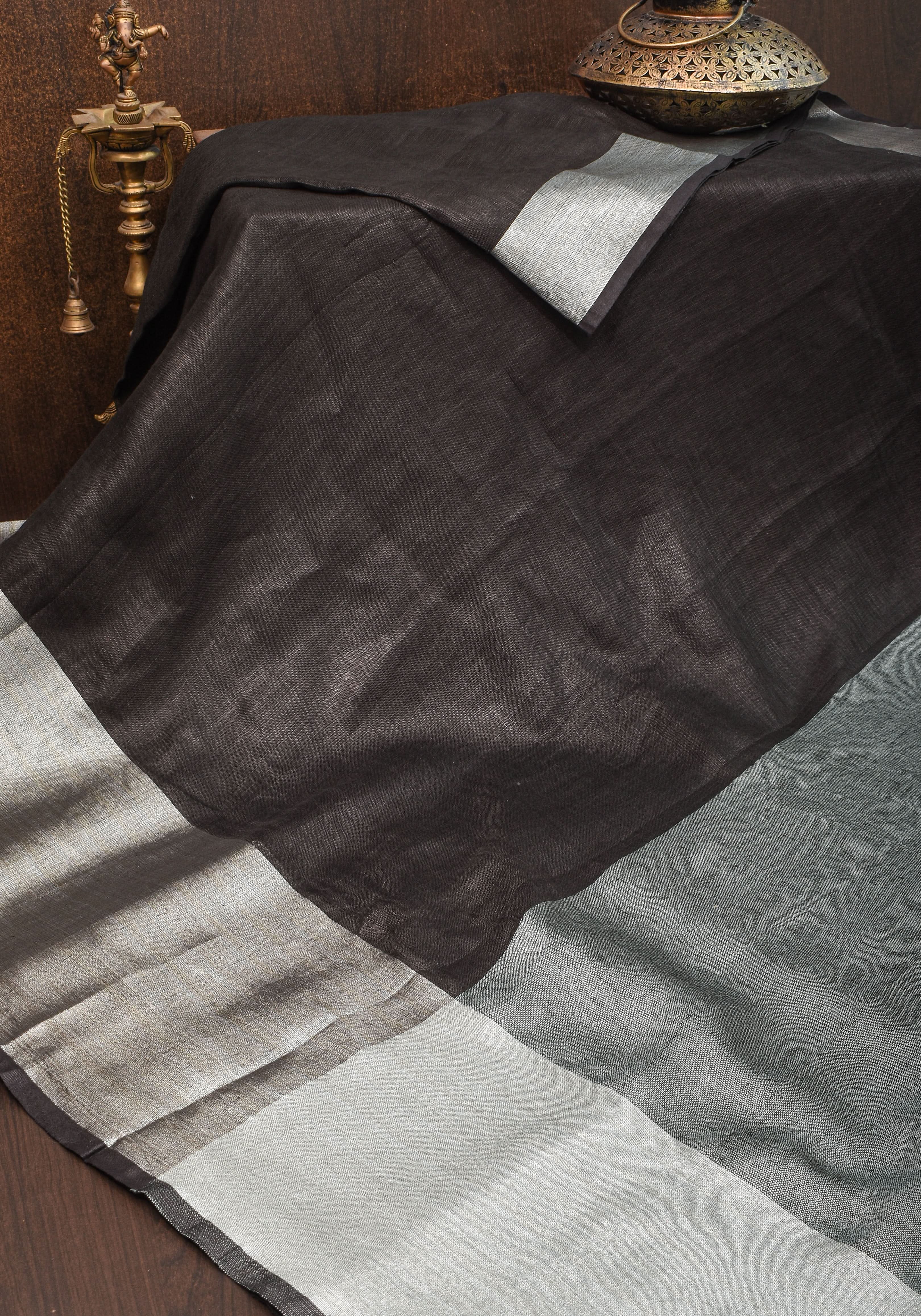 Black Linen by Linen Saree with Wide Border view 2